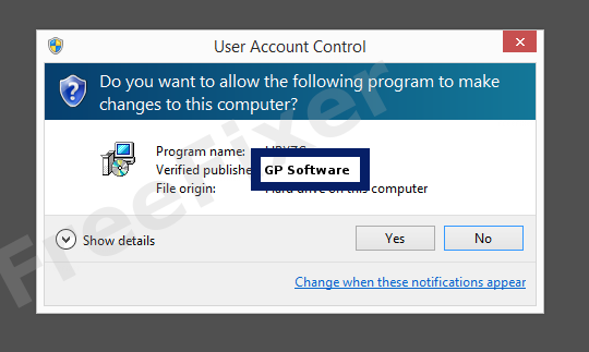 Screenshot where GP Software appears as the verified publisher in the UAC dialog